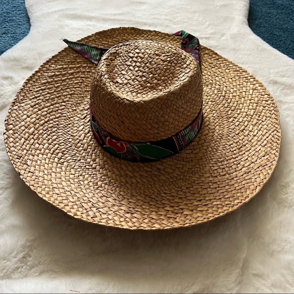 Large Straw Hat with Fabric Ribbon